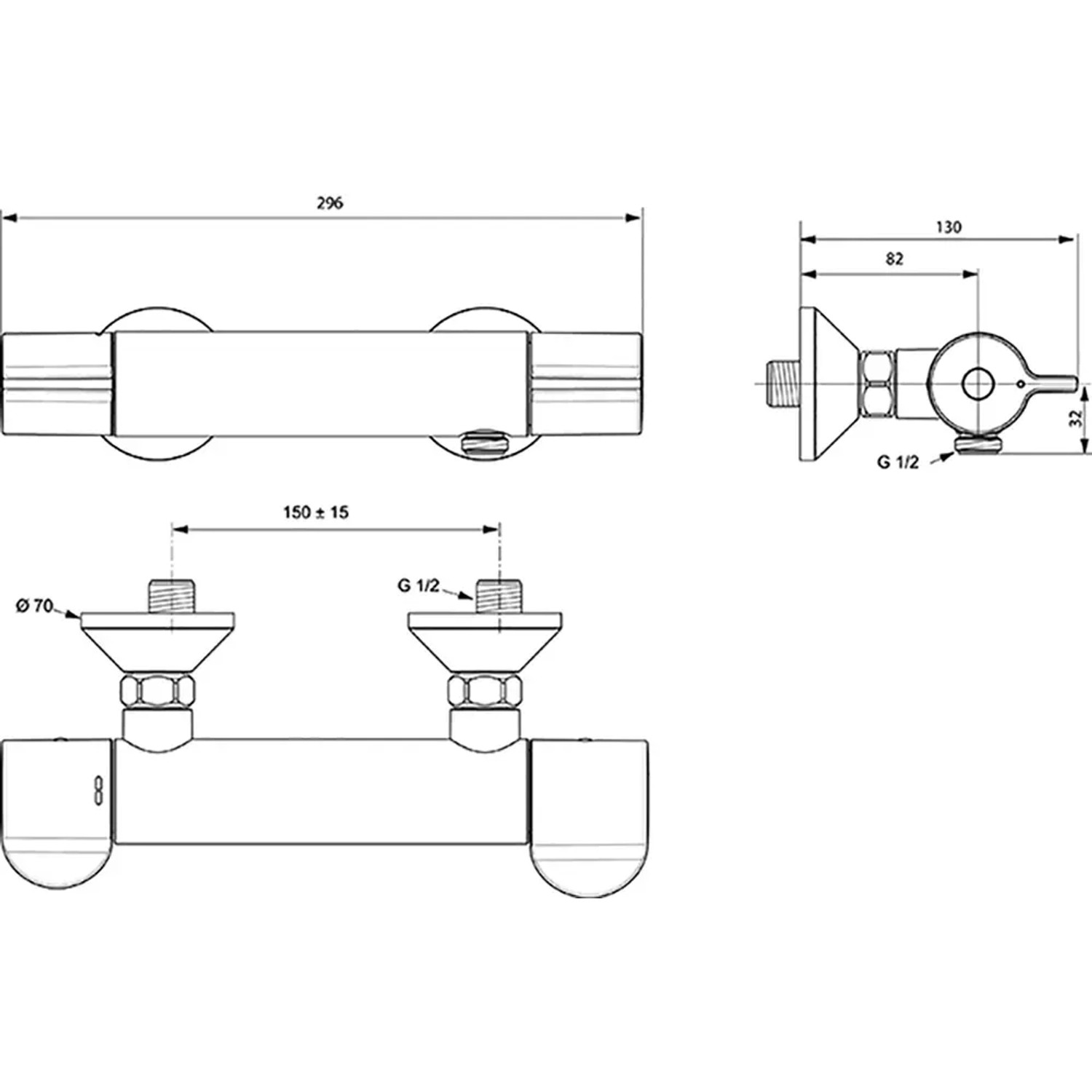 Technische Zeichnung: Ideal Standard Ceraplus Safe Brausethermostat Aufputz, Ausladung 82mm, Chrom Duscharmatur.