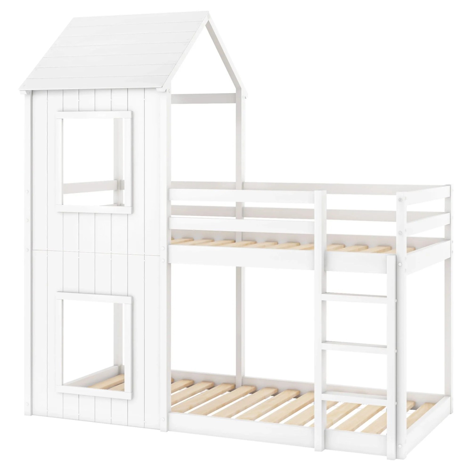 Merax Hausbett 90x200 Kinderbett mit Leiter Baldachin Massivholz Weiß