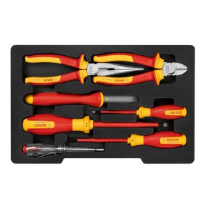 Bosch Handwerkzeug-Set Pro VDE, 7-teilig, mit Schraubendrehern, Zangen und Phasenprüfer in L-Boxx Einlage.