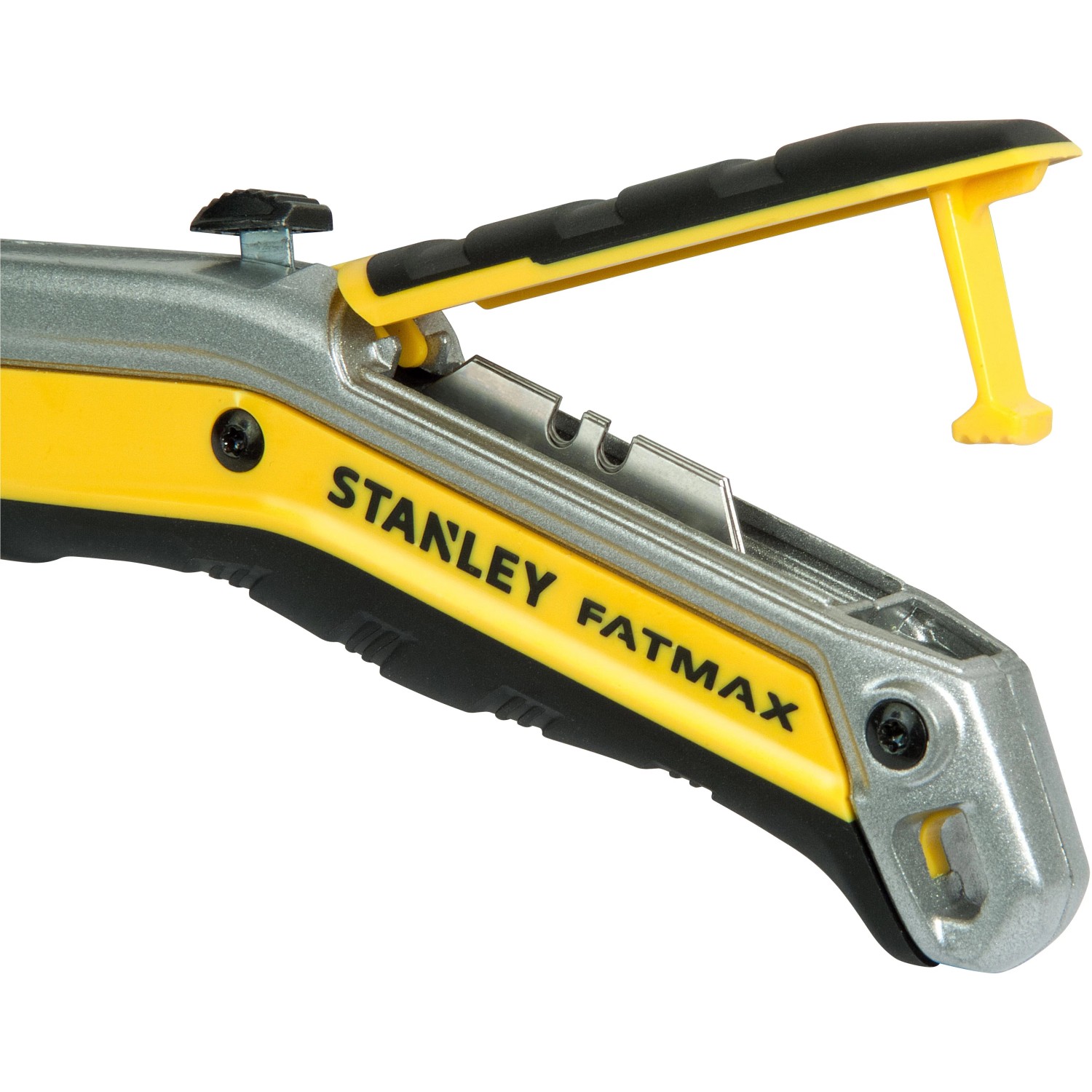 Stanley FatMax Exo Messer mit einziehbarer Klinge, gelb/schwarz, Klingenwechsel offen.