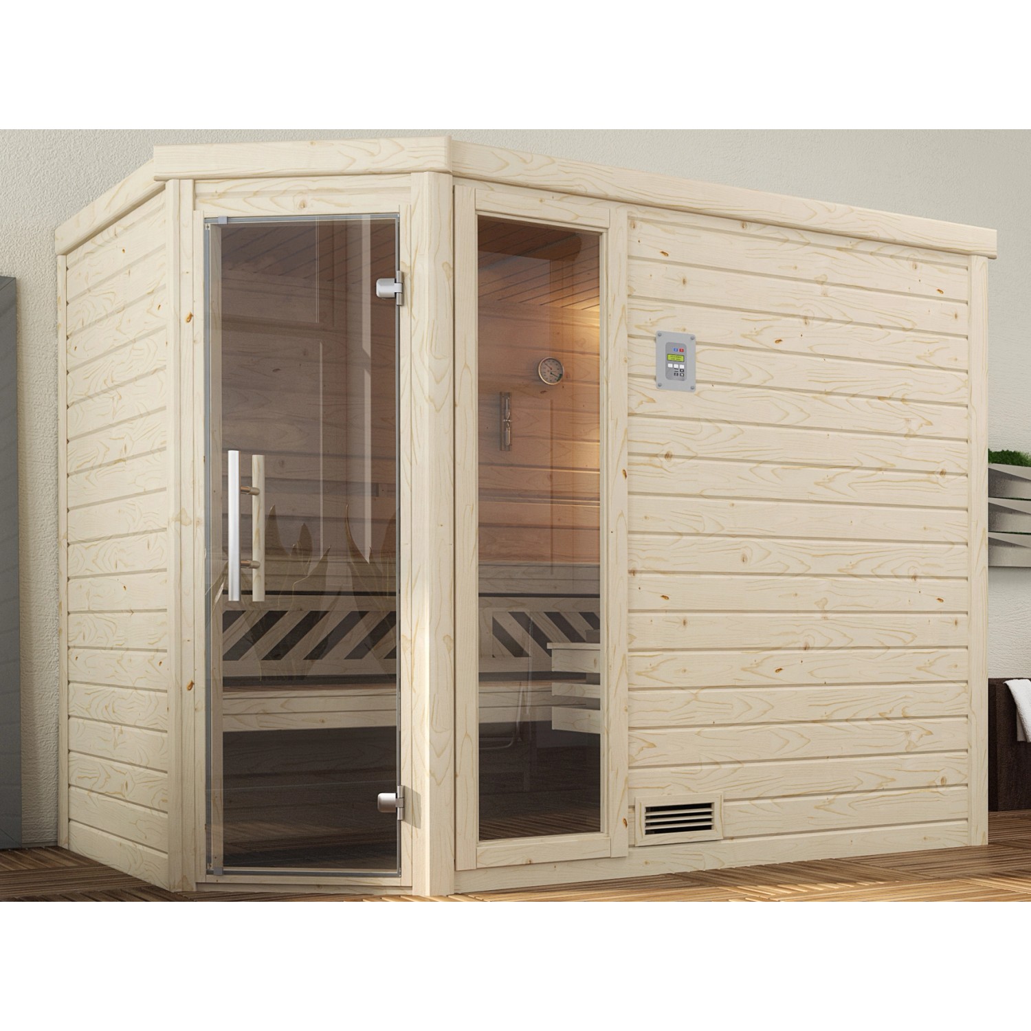 Weka Massivholz-Ecksauna 536 BioS Set Gr. 2 mit Glastür und Fensterelement günstig online kaufen