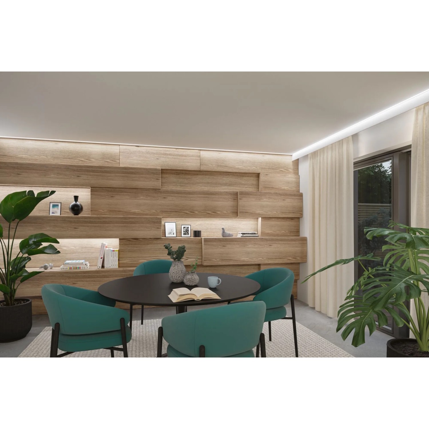 Paulmann MaxLED 500 Neutralweiß LED-Strip beleuchtet moderne Holzregale und Decke im Wohnraum.