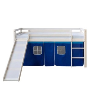 Weißes Kinderhochbett 90x200 mit blauer Vorhang-Spielhöhle, Rutsche und Leiter. Ideal für Kinderzimmer.