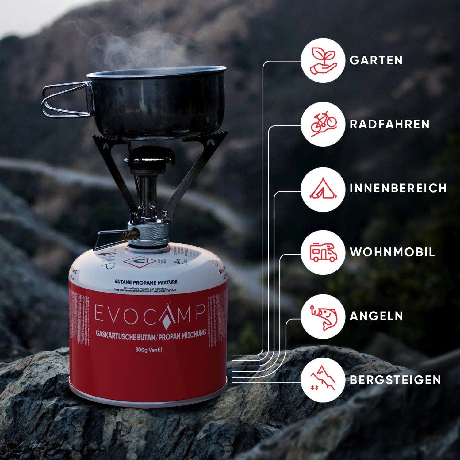 Evocamp Gaskartusche mit Kocher und dampfendem Topf. Ideal für Camping, Outdoor und Weber Q100 Gasgrills.