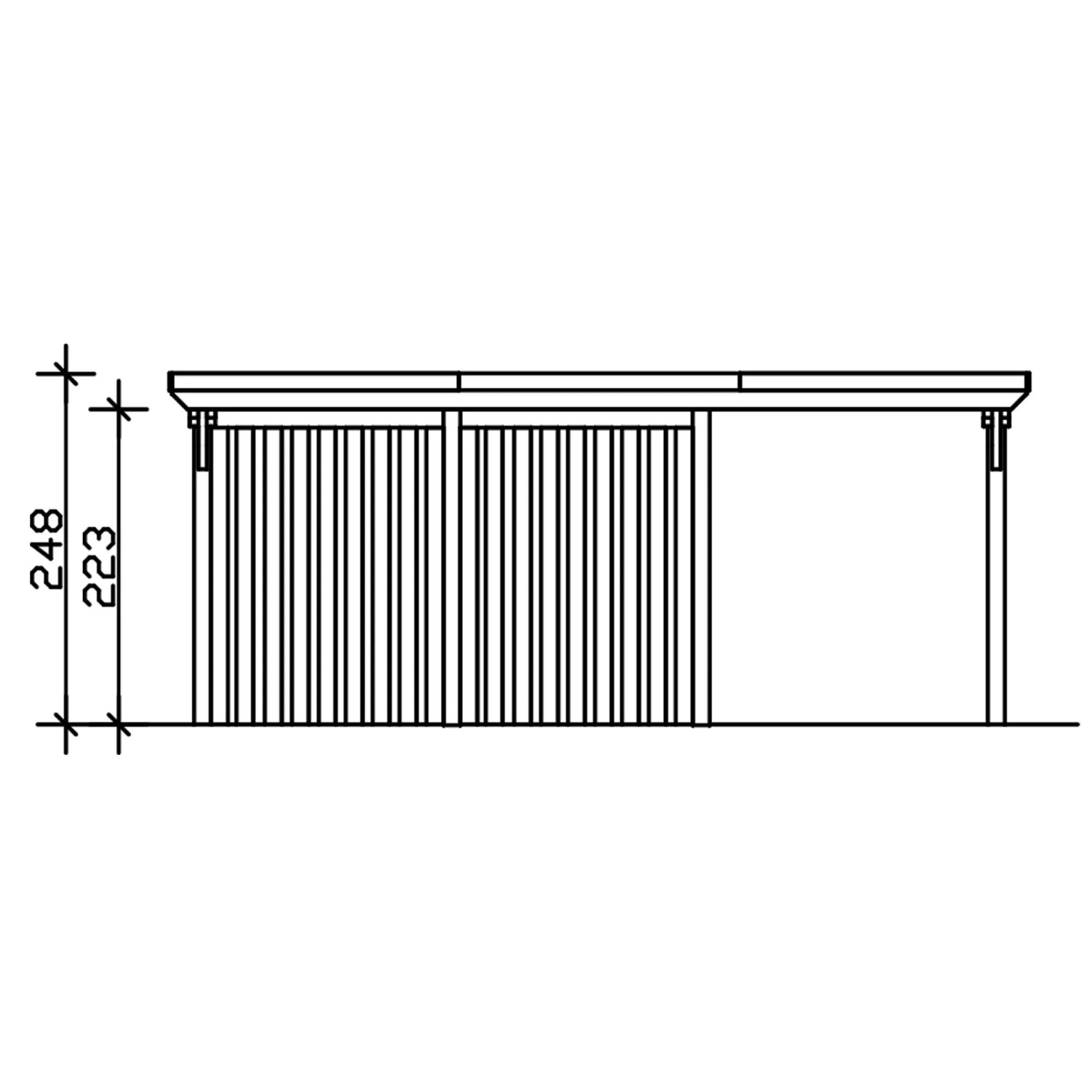 Technische Zeichnung: Skan Holz Carport Emsland Seitenansicht mit Abstellraum, Flachdach und Maßen 248/223 cm.