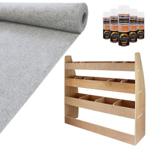 Monstershop Teppich, Kleber & VW Caddy Regal Set: Silberner Teppich, 5 Kleberdosen, Holzregal mit Fächern.
