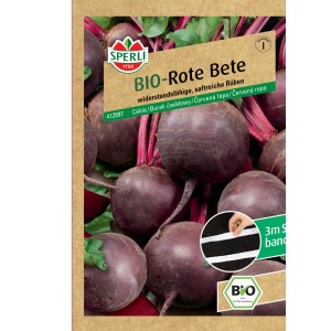 Sperli Bio Rote Bete F1-Hybride Saatband mit dunkelroten Rüben und Bio-Siegel.