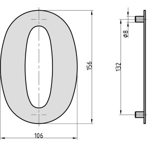 Technische Zeichnung der Basi Hausnummer 0 in Anthrazit, Maße 156 x 106 mm, Türbeschlag.