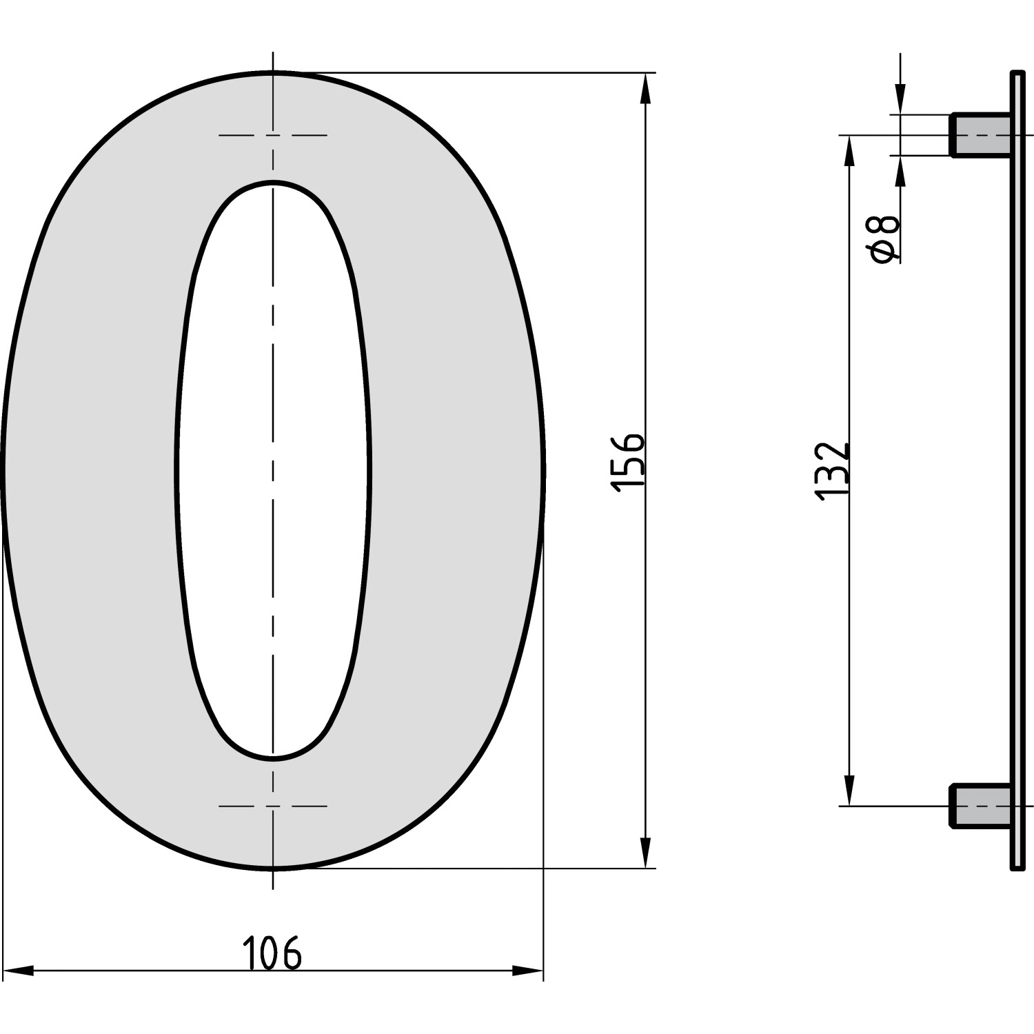 Technische Zeichnung der Basi Hausnummer 0 in Anthrazit, Maße 156 x 106 mm, Türbeschlag.