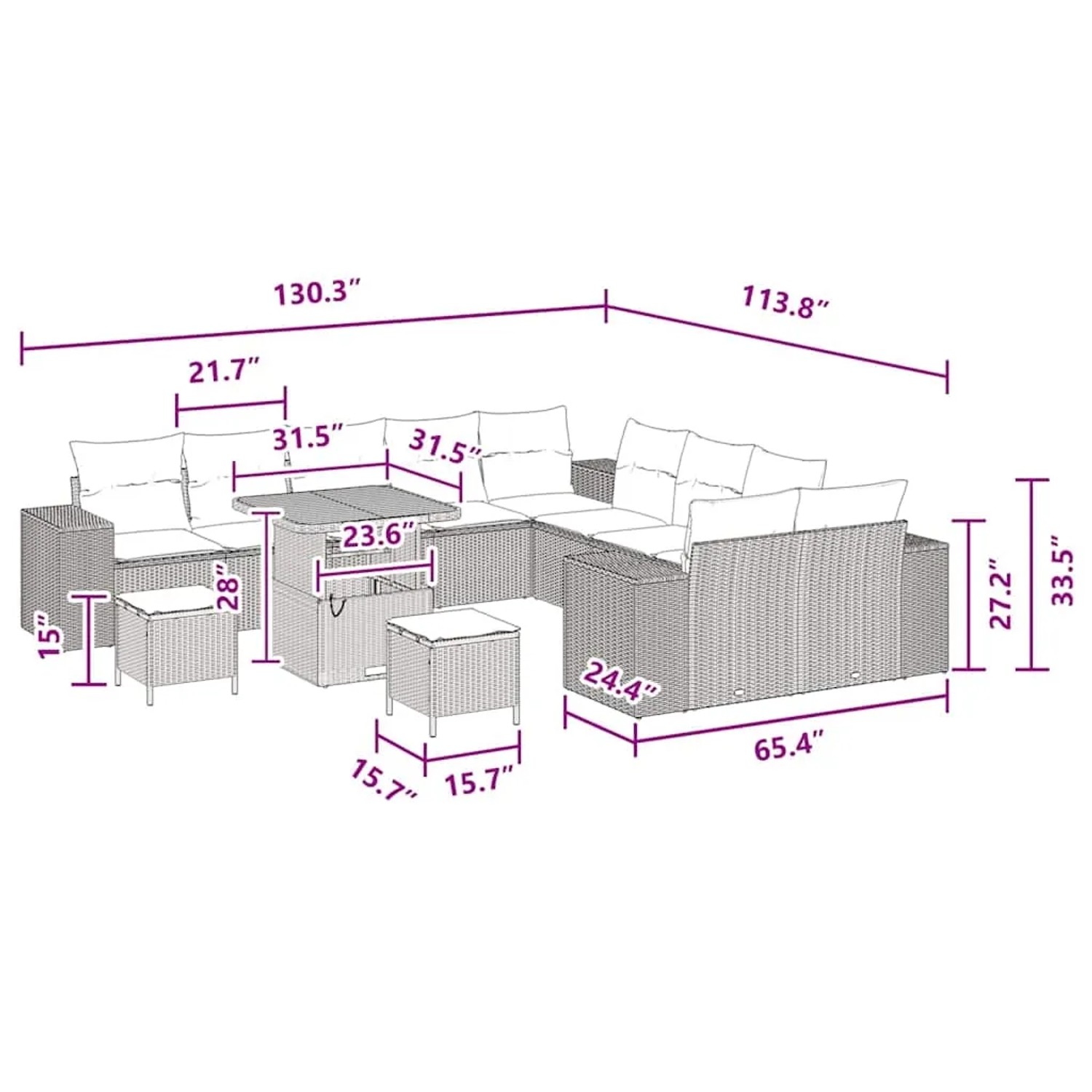 vidaXL Gartenmöbel-Set, 13-teilig, schwarz, Poly Rattan, mit Maßen des Sets.