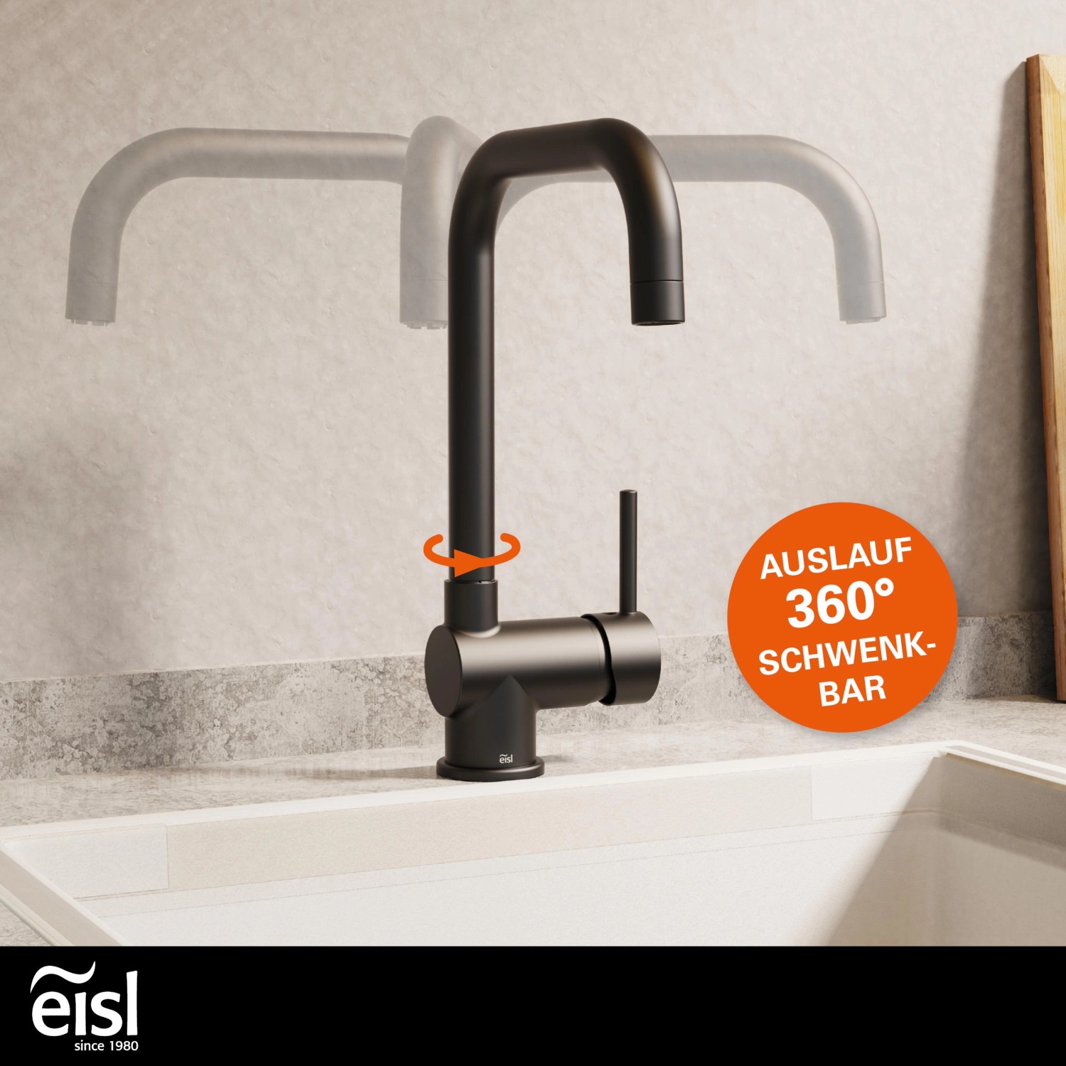 Eisl Spültischarmatur Futura Niederdruck, schwarz matt, mit 360° schwenkbarem Auslauf.