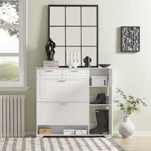 Weißer SoBuy Schuhkipper FSR104-W mit zwei Klappen und Schubladen im Flur.
