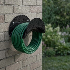 Schwarzer Schlauchhalter aus rostfreiem Eisen an Ziegelwand, grüner Gartenschlauch aufgerollt. Regen fällt. Wandmontage.