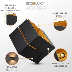 2er Set SSC-LUXon KOURA Wandleuchte, schwarz-gold, Up-Down Licht für Innenräume.