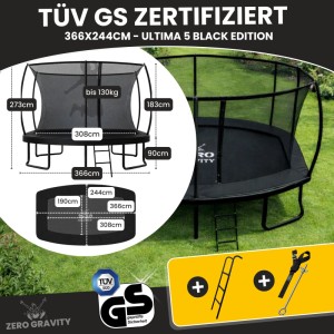 Zero Gravity Outdoor Trampolin 366x244cm TÜV GS Smartes Klappnetz mit Leiter und Bodenanker