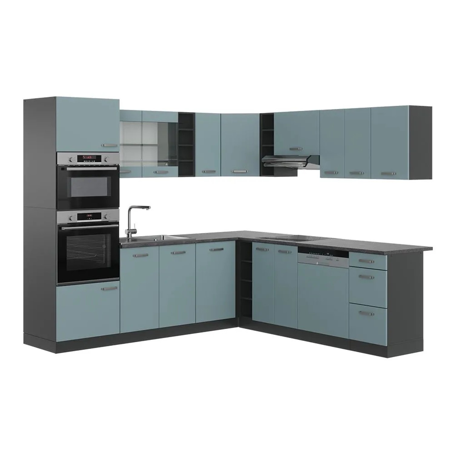 Vicco Eckküche R-Line Blau-Grau/Anthrazit 247 x 82, AP Anthrazit