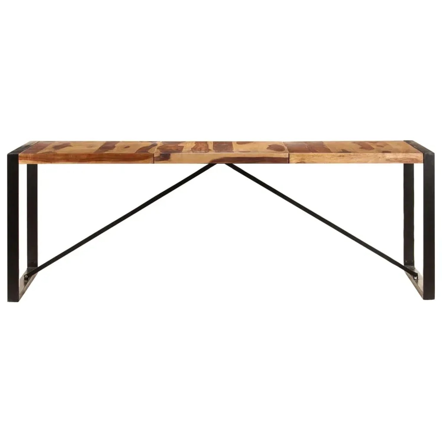 vidaXL Esstisch aus Massivholz, 220 cm breit, mit schwarzen Metallbeinen.