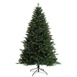 Dichter, künstlicher Weihnachtsbaum 210 cm aus PE/PVC mit grünem Nadelkleid und schwarzem Metallständer für festliche Dekoration.