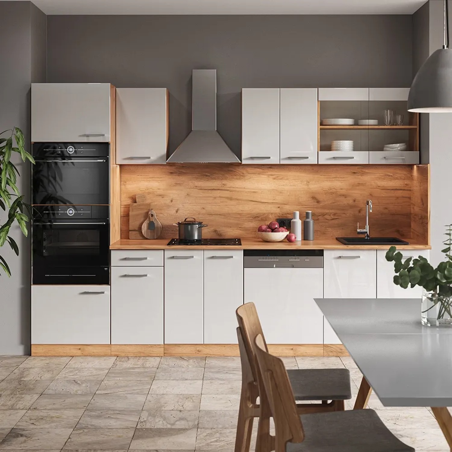 Moderne Küchenzeile in Weiß Hochglanz und Goldkraft Eiche, 300 cm breit, mit Hochschrank. Ohne Arbeitsplatte.