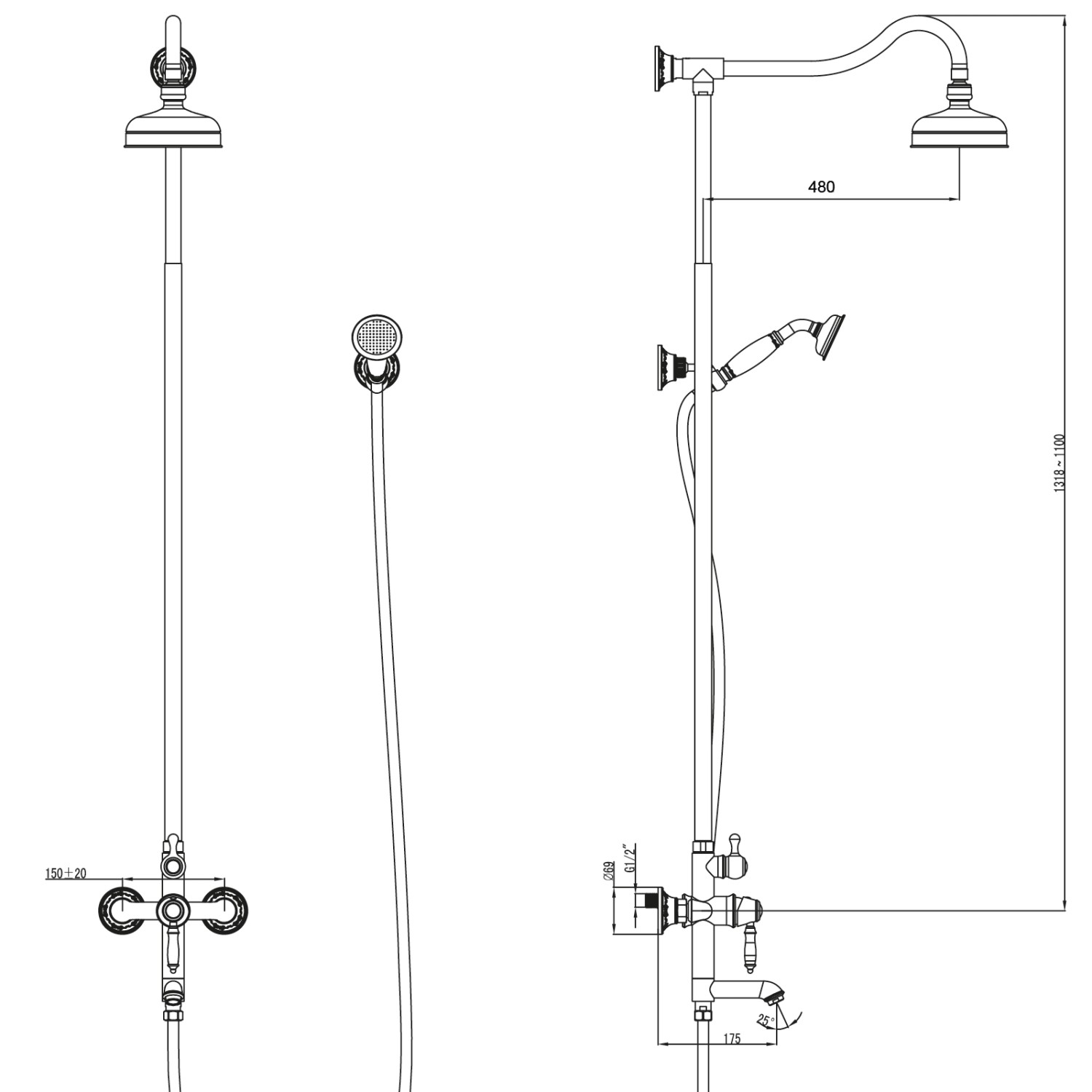 PaulGurkes Nostalgie Duschsystem Aufputz, Regendusche Set im Retro Landhausstil, 3-Wege-Funktion.