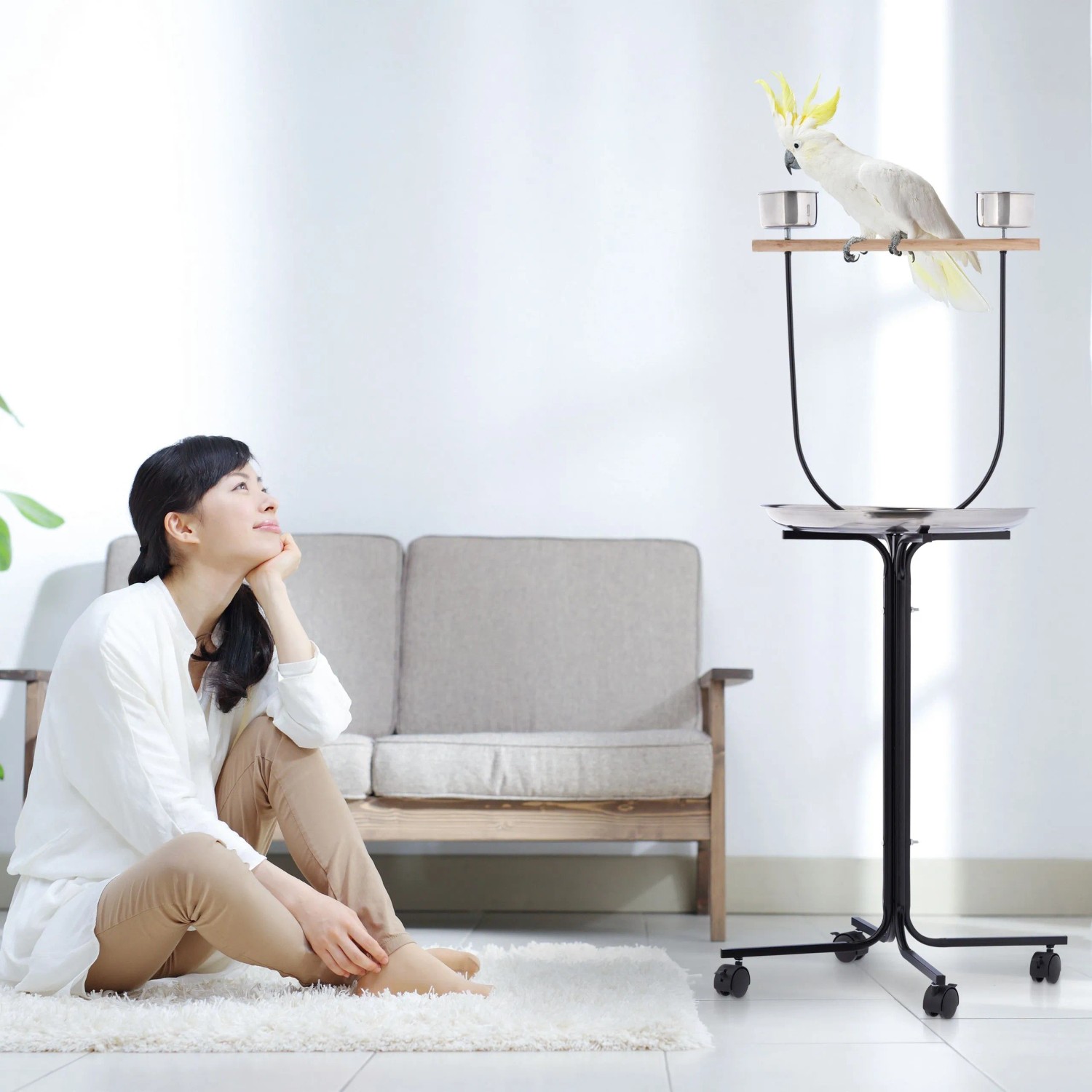 Relaxdays Papageienfreisitz Stahl Holz Kunststoff Schwarz Silber mit Rollen 130 cm x 60 cm x 60 cm 2,8 kg_2