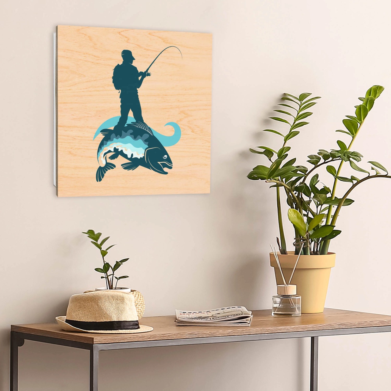 Banjado Schlüsselkasten mit Angler-Motiv, 30x30cm, weiße Holzfront, 50 Haken zur Schlüsselaufbewahrung.