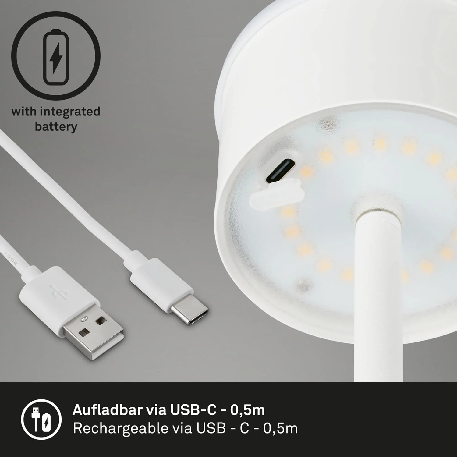 Detailaufnahme der weißen Brilo Akku Stehleuchte Kiki mit USB-Ladekabel.