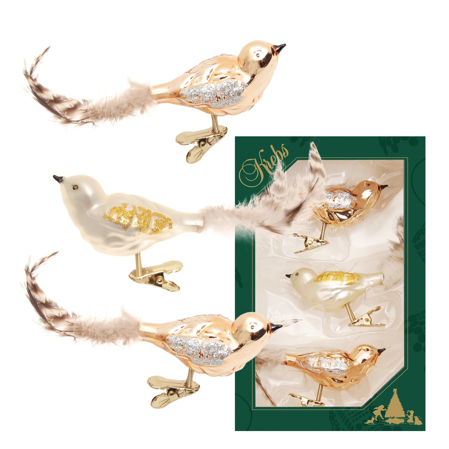 Krebs Glas Lauscha Baumschmuck Waldvögel Ivory Goldfarbig 9cm