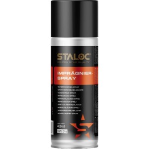 Staloc Leder-Imprägnierspray 400 ml in silberner Dose mit schwarzem Deckel und orangefarbenem Etikett.