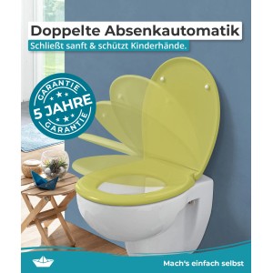 Oliv-moosgrüner WC-Sitz mit Absenkautomatik auf weißer Toilette. Premium Duroplast Klobrille, abnehmbar und antibakteriell.