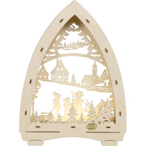 Saico LED-Lichterspitze Schneemann, warmweiß, aus Holz, mit Erzgebirge-Motiv und Beleuchtung.