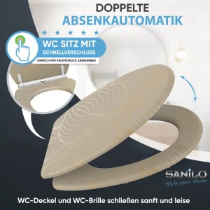 SANILO WC-Sitz Hosta mit Absenkautomatik und floralem Muster in Beige und Gold.