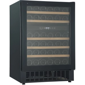 Schwarzer Wolkenstein Weintemperierschrank UWTS129-46ED mit Glasfront und Holzregalen für 46 Flaschen.