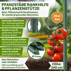 TTL GARDEN Rankstäbe 240 cm x 11 mm 20er Set Grün Stahlkern Kunststoffbeschichtet Rankhilfe für Garten Hochbeet Gewächshaus