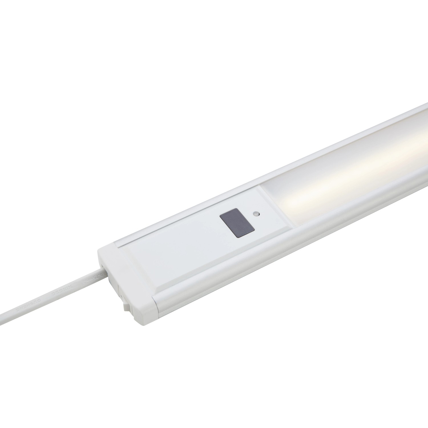 Weiße LED-Unterbauleuchte mit Schalter, geeignet zur Montage unter Hängeschränken.