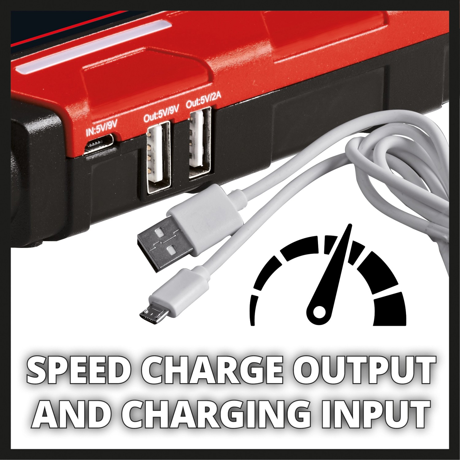 Einhell Power Bank CE-JS 8: Details der Anschlüsse und Ladekabel für Starthilfe und Aufladen.