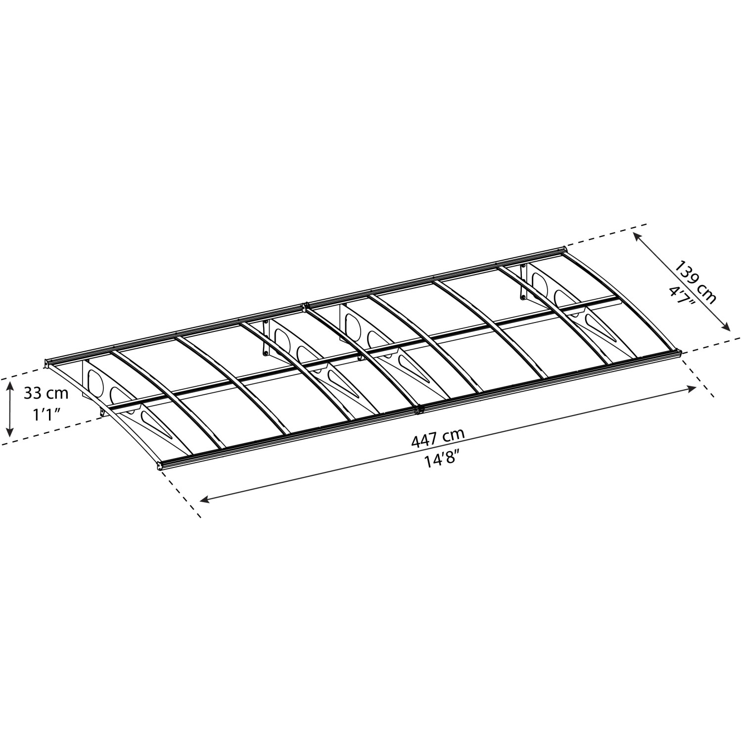 Technische Zeichnung: Weißes Palram-Canopia Vordach Bordeaux 4.5 x 1.4 mit Maßangaben.