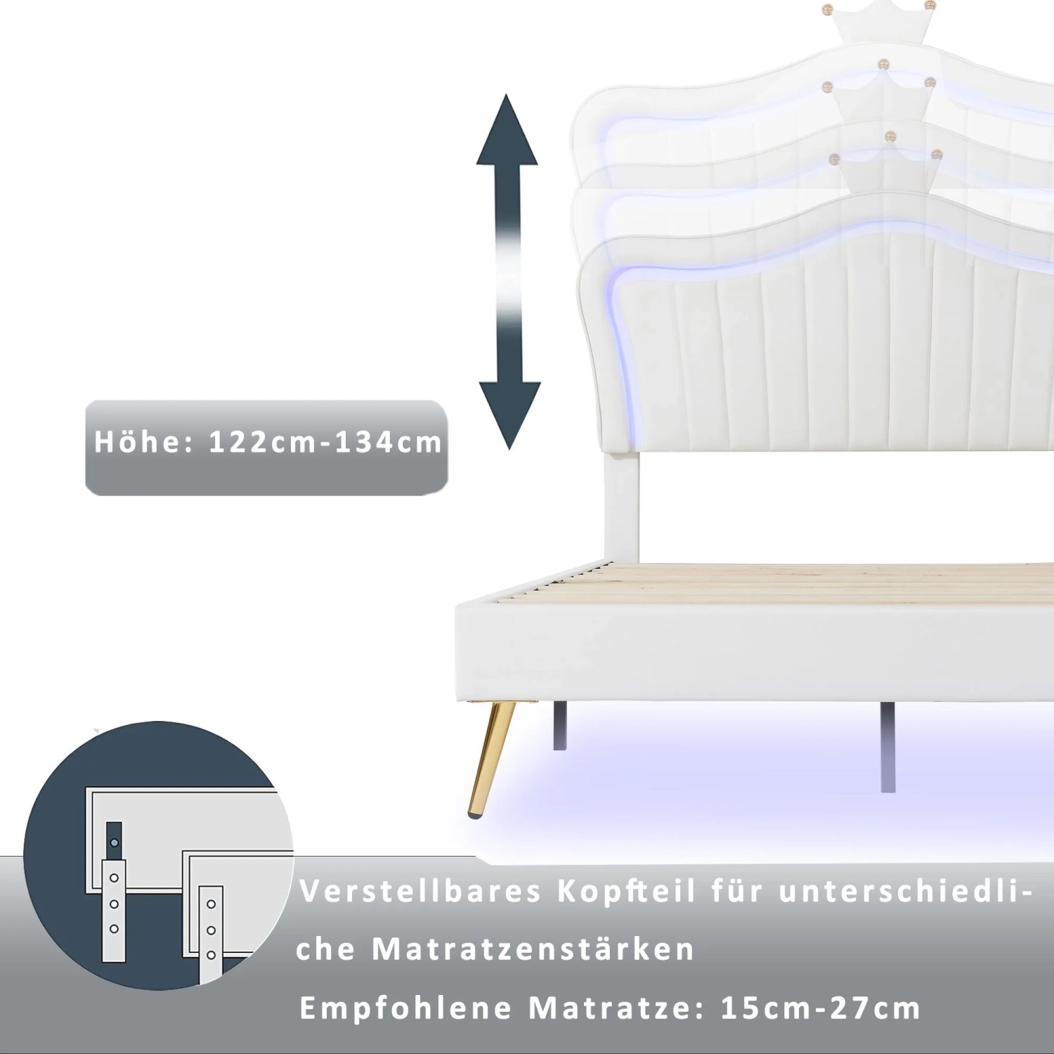 Detailansicht: Weißes okwish Kinderbett mit LED, verstellbares Kopfteil, ohne Matratze.