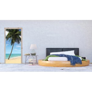 Sanders & Sanders Fototapete Strand-Motiv in Blau, Grün und Beige im Schlafzimmer.