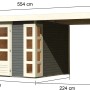 Karibu Holz-Gartenhaus Sölve, terragrau, mit Flachdach und Anbau, Maße eingezeichnet.