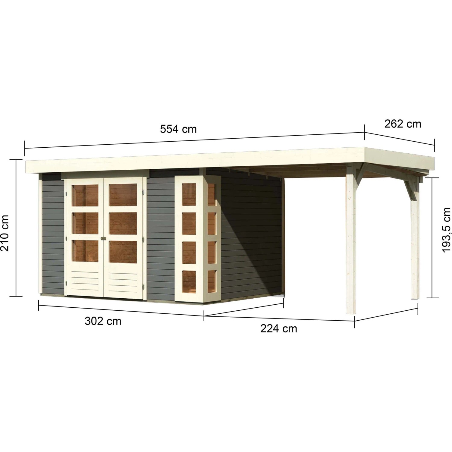 Karibu Holz-Gartenhaus Sölve, terragrau, mit Flachdach und Anbau, Maße eingezeichnet.