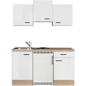 Flex-Well Singleküche Valero, 150 cm, Hochglanz Weiß/Sonoma Eiche Dekor mit Spüle und Kochfeld.