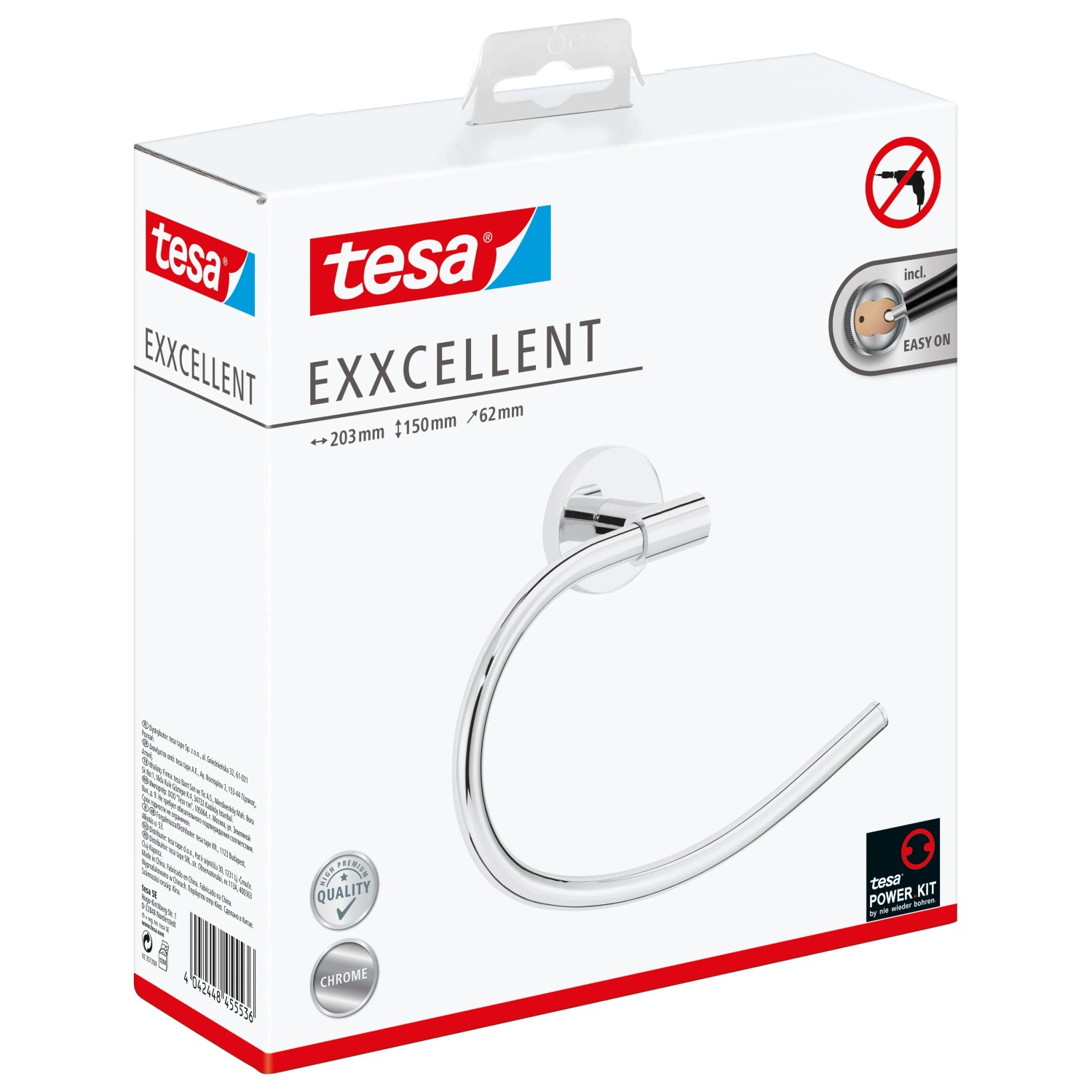 Verpackung des Tesa Handtuchring Exxcellent Chrom, ein eleganter, rostfreier Handtuchhalter zur Wandmontage.