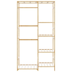 Heller Bambus Kleiderständer mit einer Hängestange und sechs Ablagen. Praktische Garderobe für Kleidung & Schuhe.