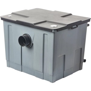 Heissner Solar Durchlauffilter Set für Teiche bis 8m³, grauer Filterkasten mit schwarzem Deckel.