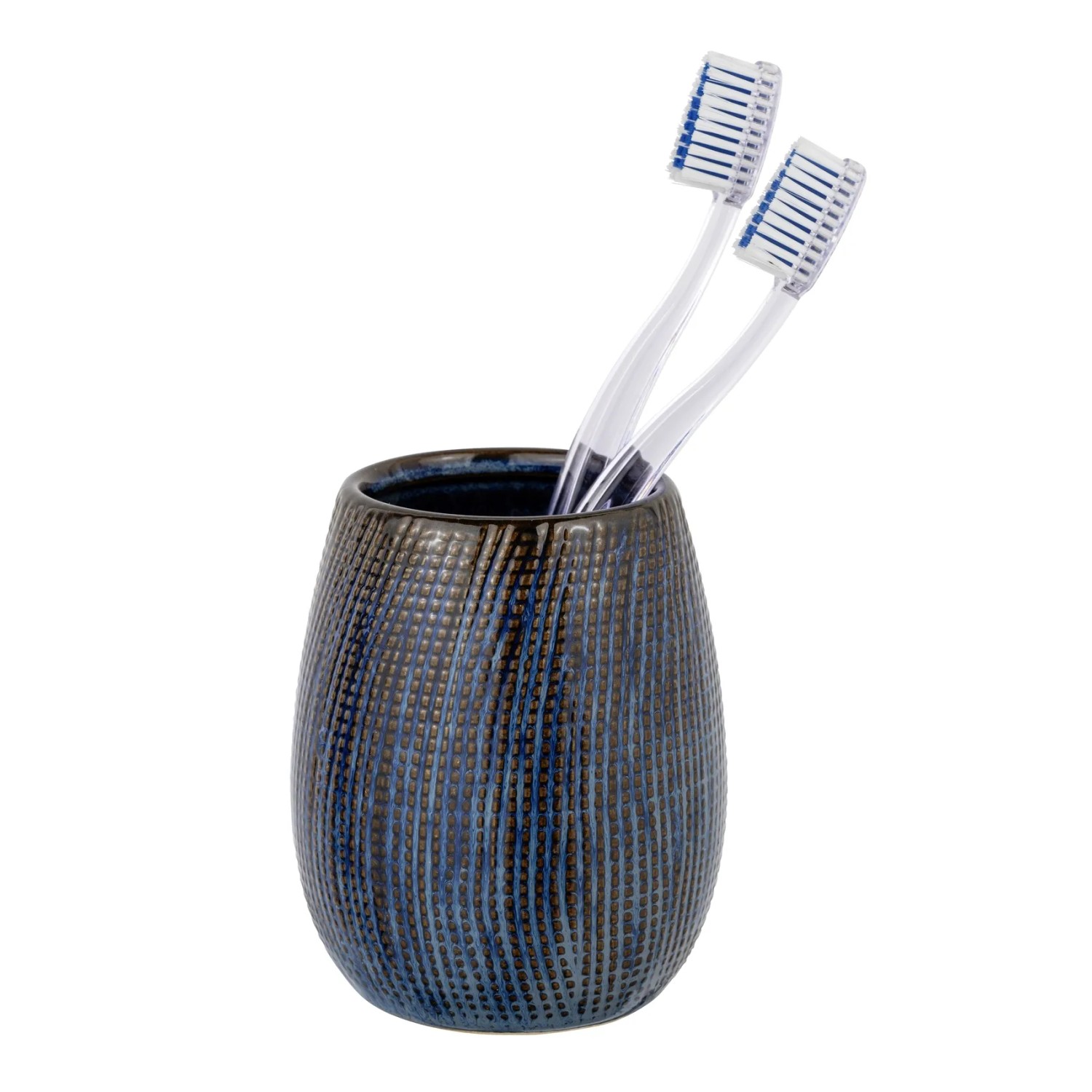 Schöner Wohnen Zahnputzbecher Ronta aus Keramik in Braun/Blau mit zwei Zahnbürsten.