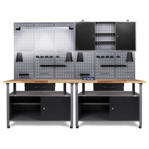 Ondis24 Werkstatt Set mit Werkbank, Schrank, Lochwand, LED Lampe, Bluetooth und Steckdose.