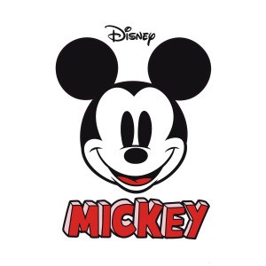 Disney Wandtattoo: Mickey Mouse Kopf, schwarz-weiß mit rotem Schriftzug "Mickey".
