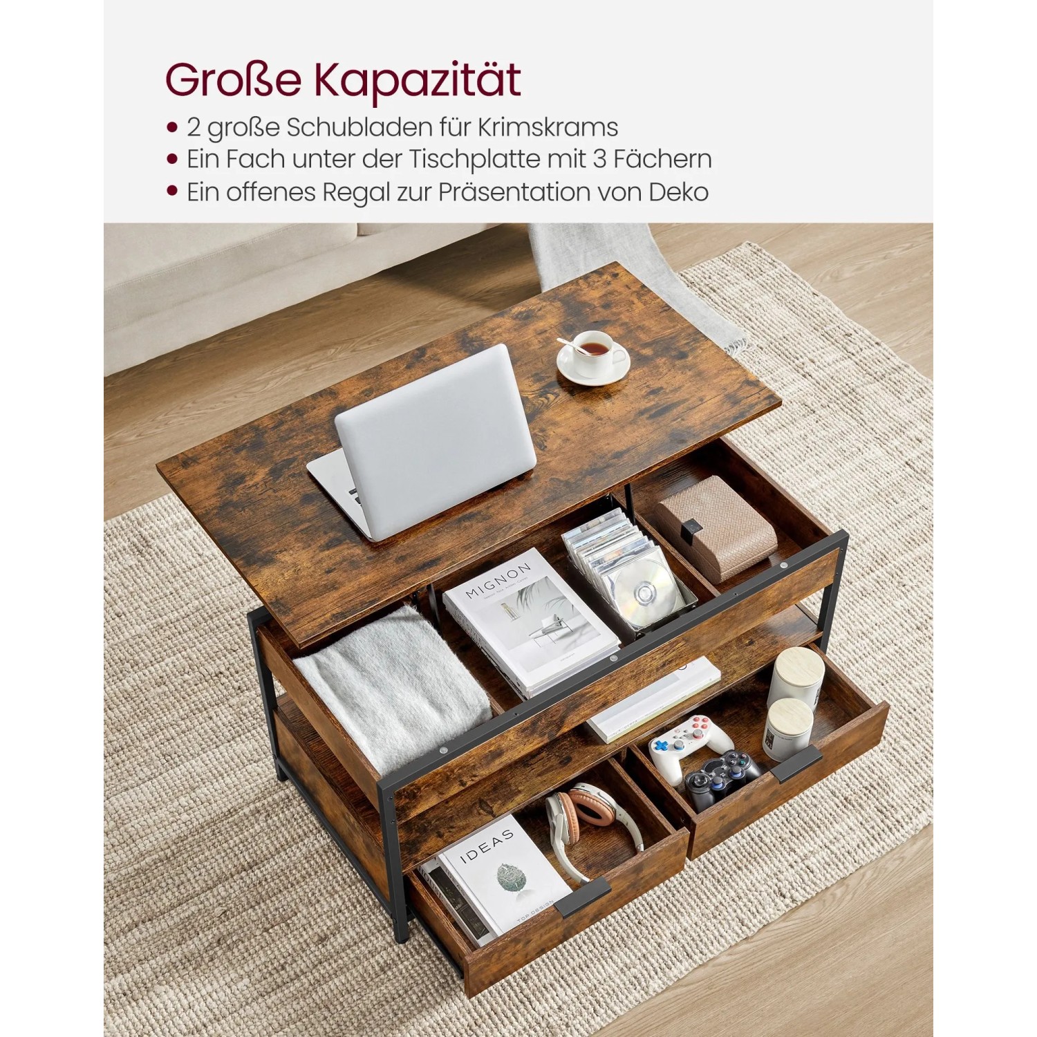 Vasagle Couchtisch, höhenverstellbar, braun-schwarz, mit Schubladen und Fächern für Stauraum.