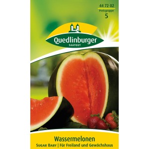Samenpackung Quedlinburger Wassermelone 'Sugar Baby' mit angeschnittener Frucht.
